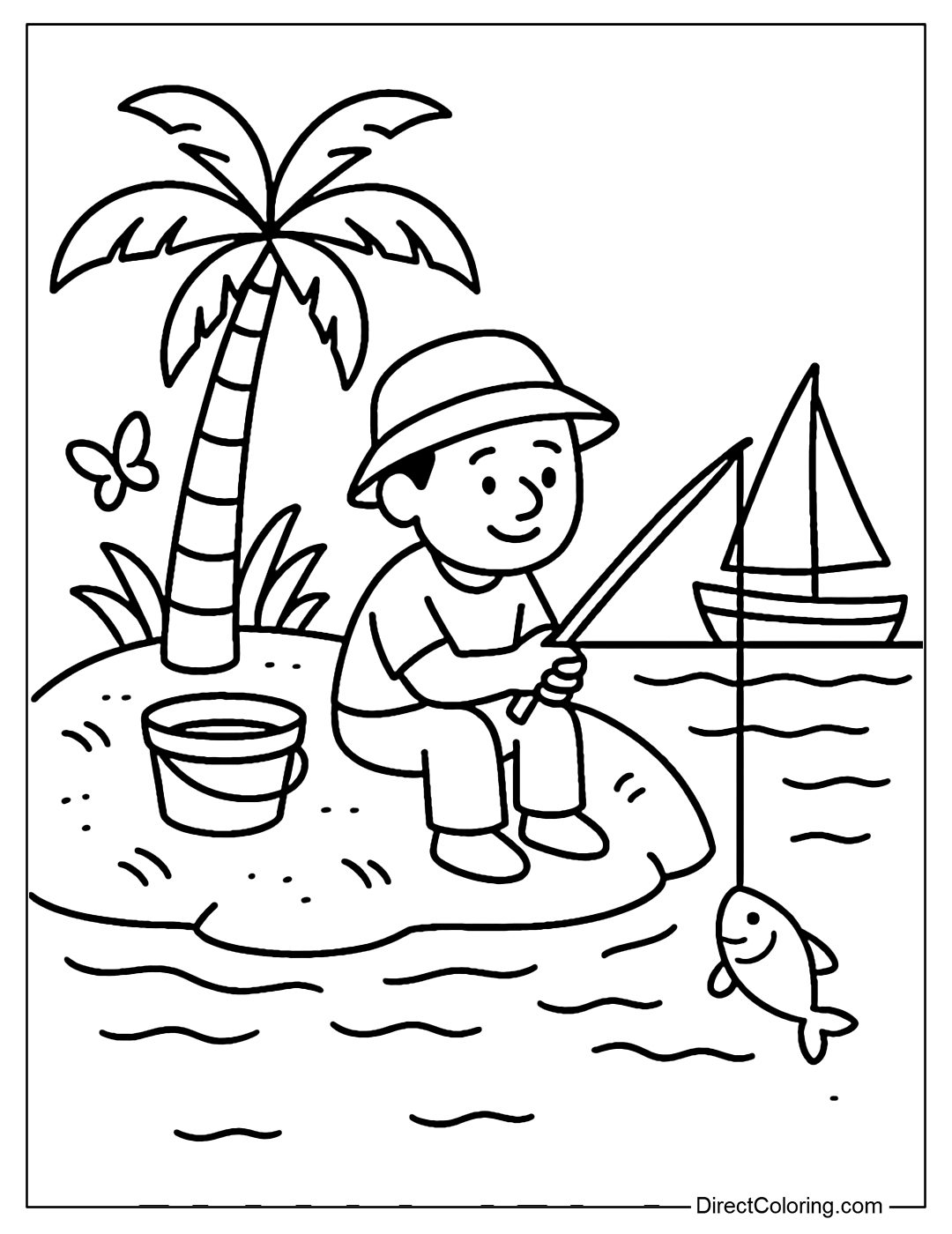 A Fishing Scene Coloring Page on a Small Island, with Sand, Coconuts, and Anchored Boats.